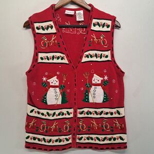 Bobbie Brooks Christmas Sweater Vest Womens Medium Red Snowman Holiday Knit